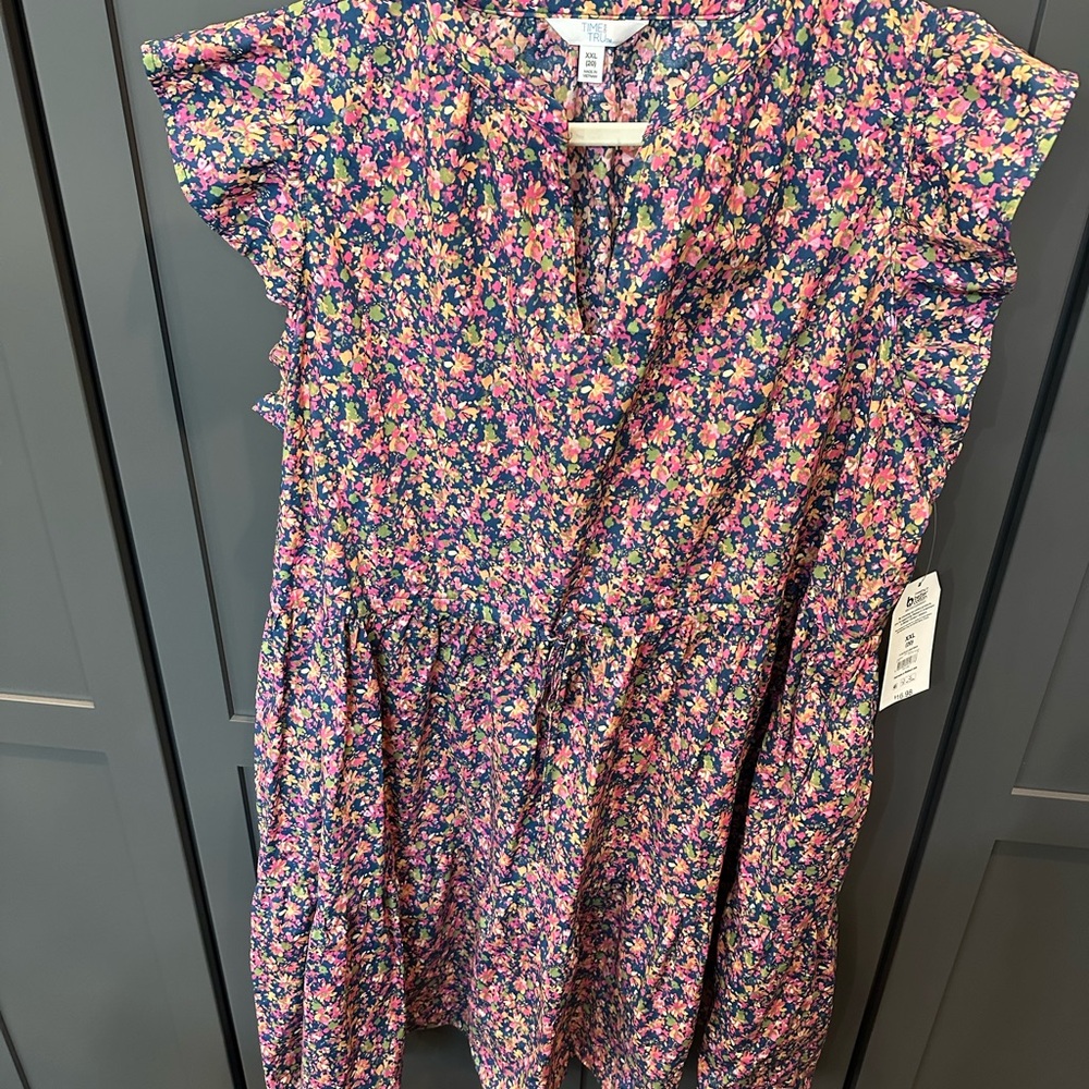 Time and Tru Pink and Blue Flutter Sleeve Mini Dress